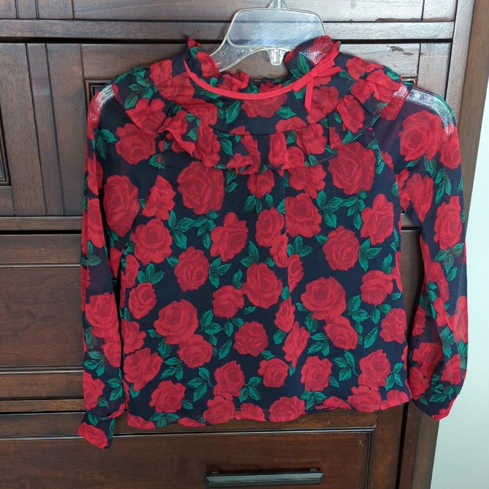 Red and Green Floral Blouse with Long Sleeves